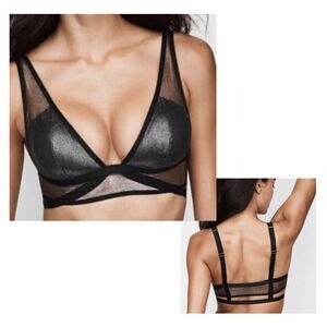 Victoria’s Secret Caged Bra Bralette Black Silver Foil Mesh Shine & Plunge Large